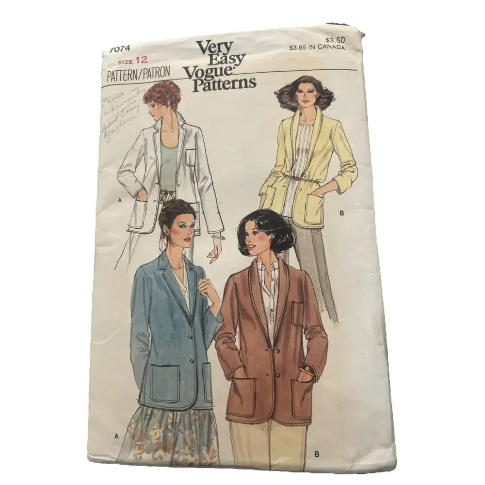 VTG 1970s Vogue Pattern 7074 Misses Collared Jackets With Pockets Size 12 Cut
